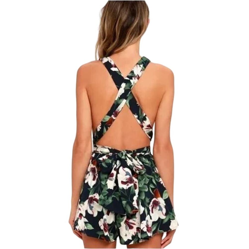 Lulus Elated Energy Midnight Blue Tropical Print Convertible Romper Size XL - Picture 3 of 10